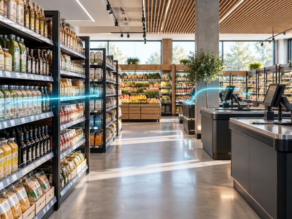 Modern retail aisle connected to a checkout signal